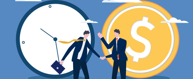 Time is money, long-term return on investment, pension fund concept, interest income from investments or deposits, time to receive money, hourly wages, men rolling watches and coin towards each other.