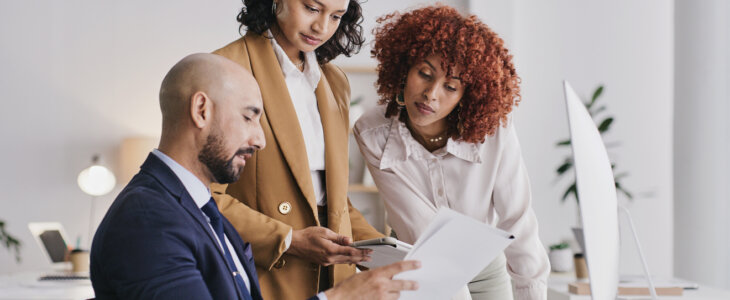 Administration teamwork, office documents or people review financial data, finance funding or accounting statistics. Bookkeeping portfolio, tax analysis or accountant collaboration on bank compliance